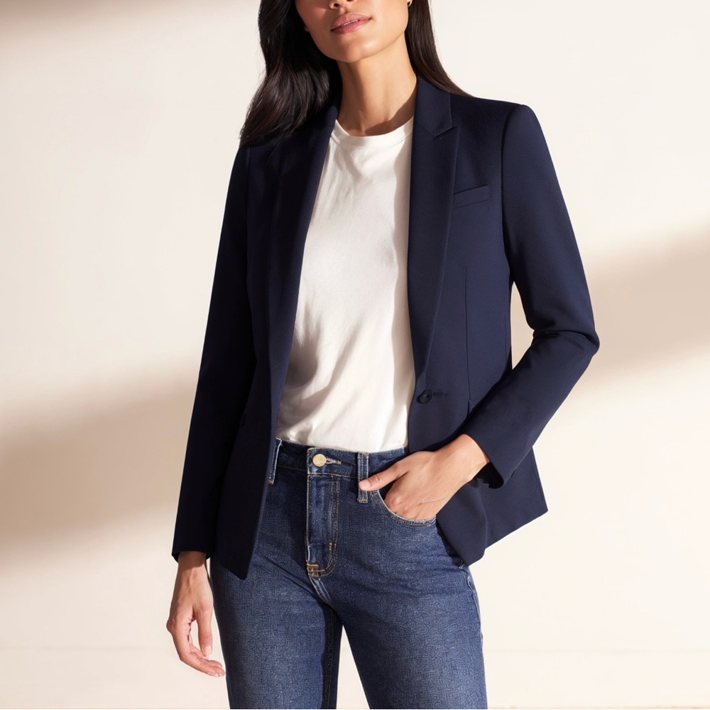 Investment women’s size 12 open front 3/4 sleeve crop blazer navy blue color